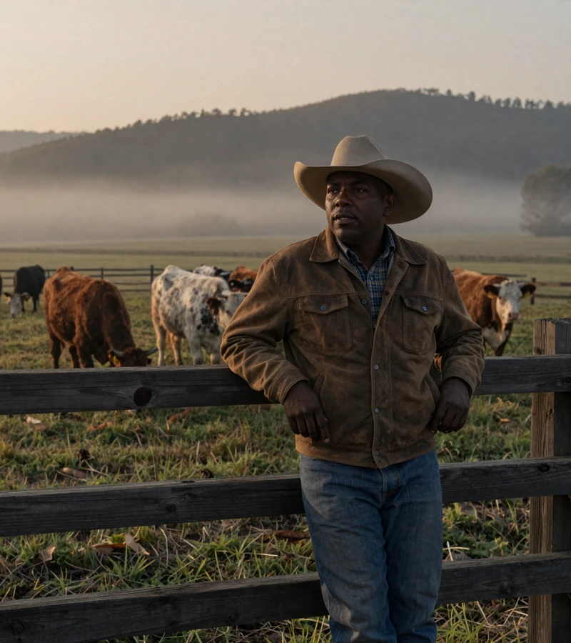 Black cattle rancher Andre checking his Angus herd at dawn on a Tennessee pasture