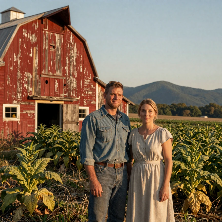 North Carolina farmers dating hero image: Tar Heel farm couple beside a red tobacco barn with Blue Ridge Mountains on the horizon at golden hour