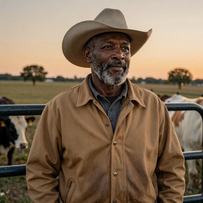 Elijah, 48, Black Texas cattleman and widower at his ranch gate at dusk