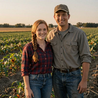 Abigail and Tyler, married 2025 in Illinois, standing in front of their planter at dusk