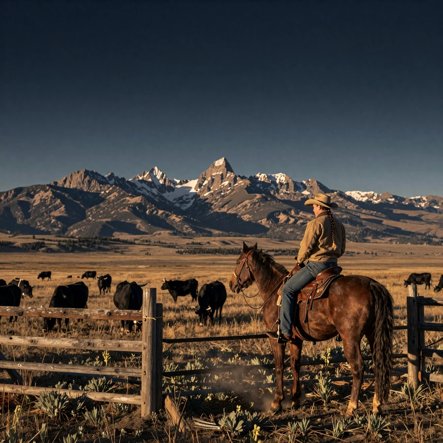 Montana rancher dating hero image: cowboy couple on horseback with black Angus herd on open range and Rocky Mountain foothills at golden hour