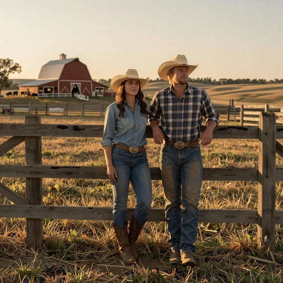 Country couple Ellie and Wyatt leaning on a split-rail fence at golden hour on a rural ranch