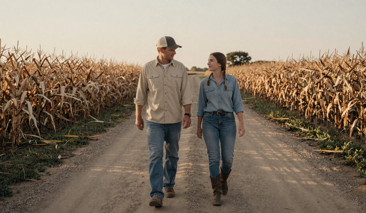 Farm couple walking hand in hand down a dirt road between corn rows at golden hour while dating a farmer