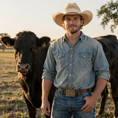 Wyatt, 34, third-generation Texas cattleman standing beside a black Angus steer at golden hour
