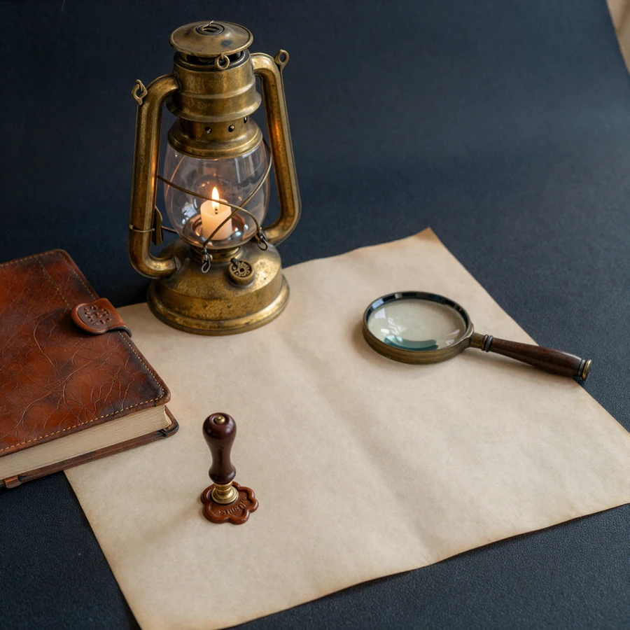 Lantern, ledger, and magnifying glass representing online dating safety tips for rural singles