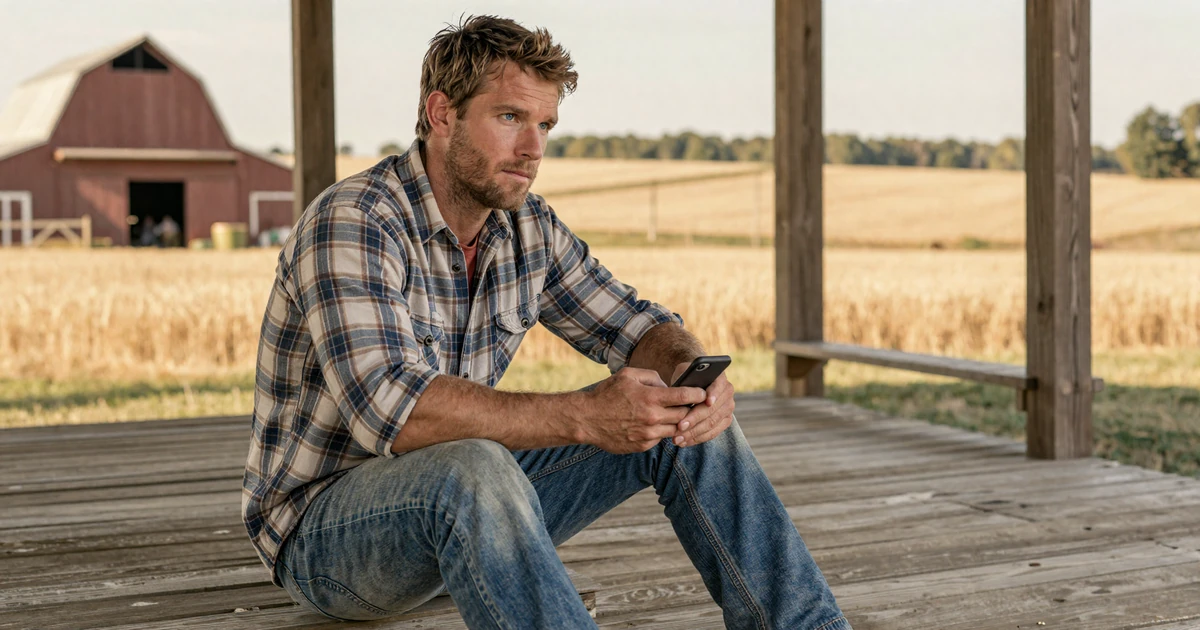 Farmer sitting on a porch at golden hour reviewing his online dating profile on a phone with barn and wheat field behind him