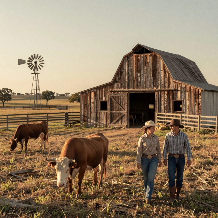 Texas farmers dating hero image: Hill Country ranch with longhorn cattle, weathered barn, and cowboy couple walking at golden hour
