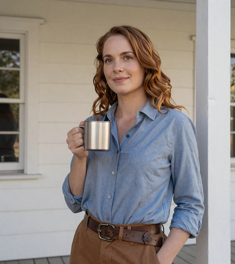 Caroline, a country-lifestyle single, on her farmhouse porch with a tin mug of coffee at morning light