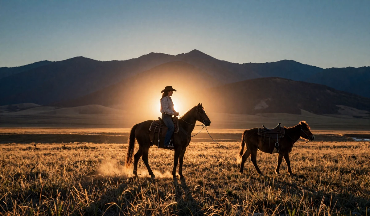 Silhouetted cowboy and cowgirl at sunset on a Montana ridge, evoking authentic cowboy romance and countryside romance