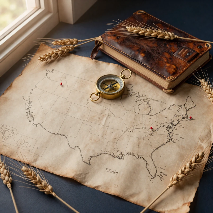 Vintage parchment US map with brass compass highlighting 19 states where local farmers dating matters most