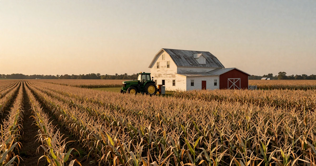 Indiana farmers dating hero image: Hoosier family farm with white farmhouse, red barn, green tractor, and cornfields at golden hour