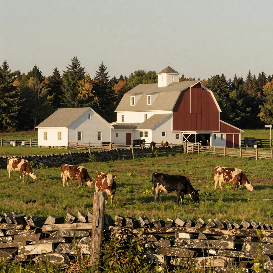 Maine farmers dating hero image: organic dairy farm with red barn, Jersey cows, and pine forest edge at golden hour