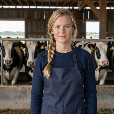 Ingrid, 38, Minnesota organic dairy farmer with braided blonde hair inside her wooden dairy barn
