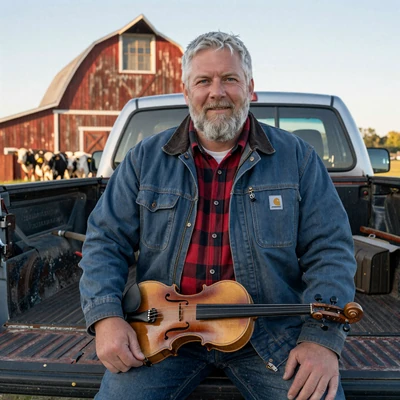 Dale, 56, retired Wisconsin dairyman sitting on his pickup tailgate holding a wooden fiddle