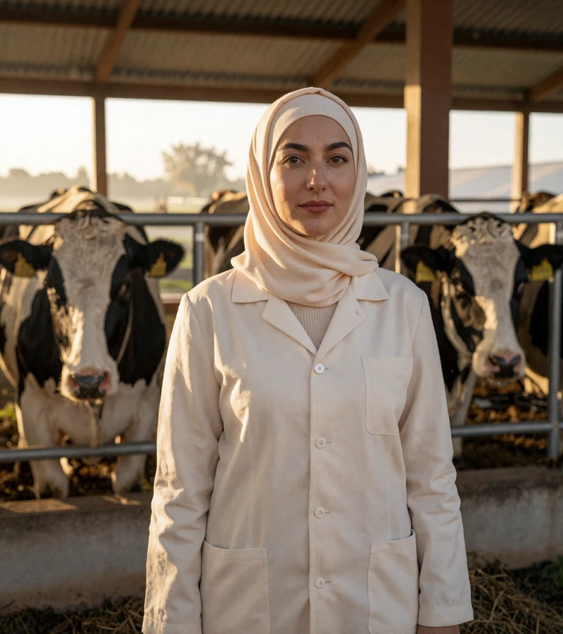 Fatima, Bosnian-American Muslim dairy farmer in cream hijab standing in her Iowa milking parlor at early morning light