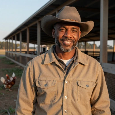 Marcus, 49, poultry integrator and cattle operator in Union County Arkansas, in front of his broiler house at golden hour